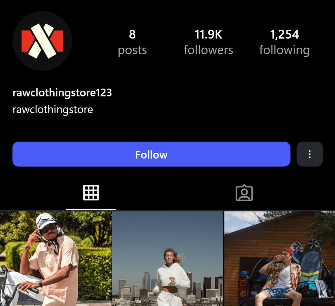 A screenshot of an Instagram profile for "rawclothingstore123'