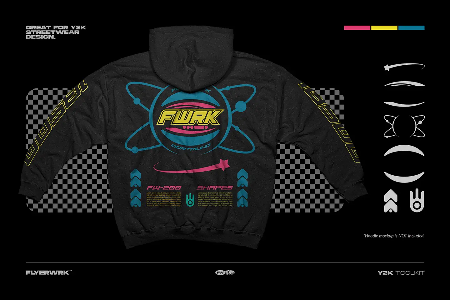 Y2K Toolkit vector shapes used in futuristic streetwear hoodie graphic design