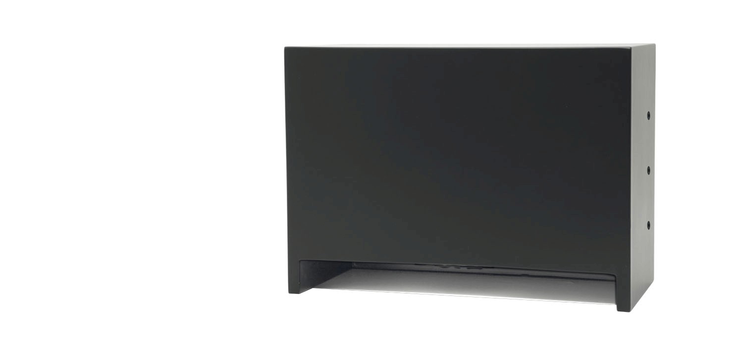 Black smart home device with screen showing time and temp