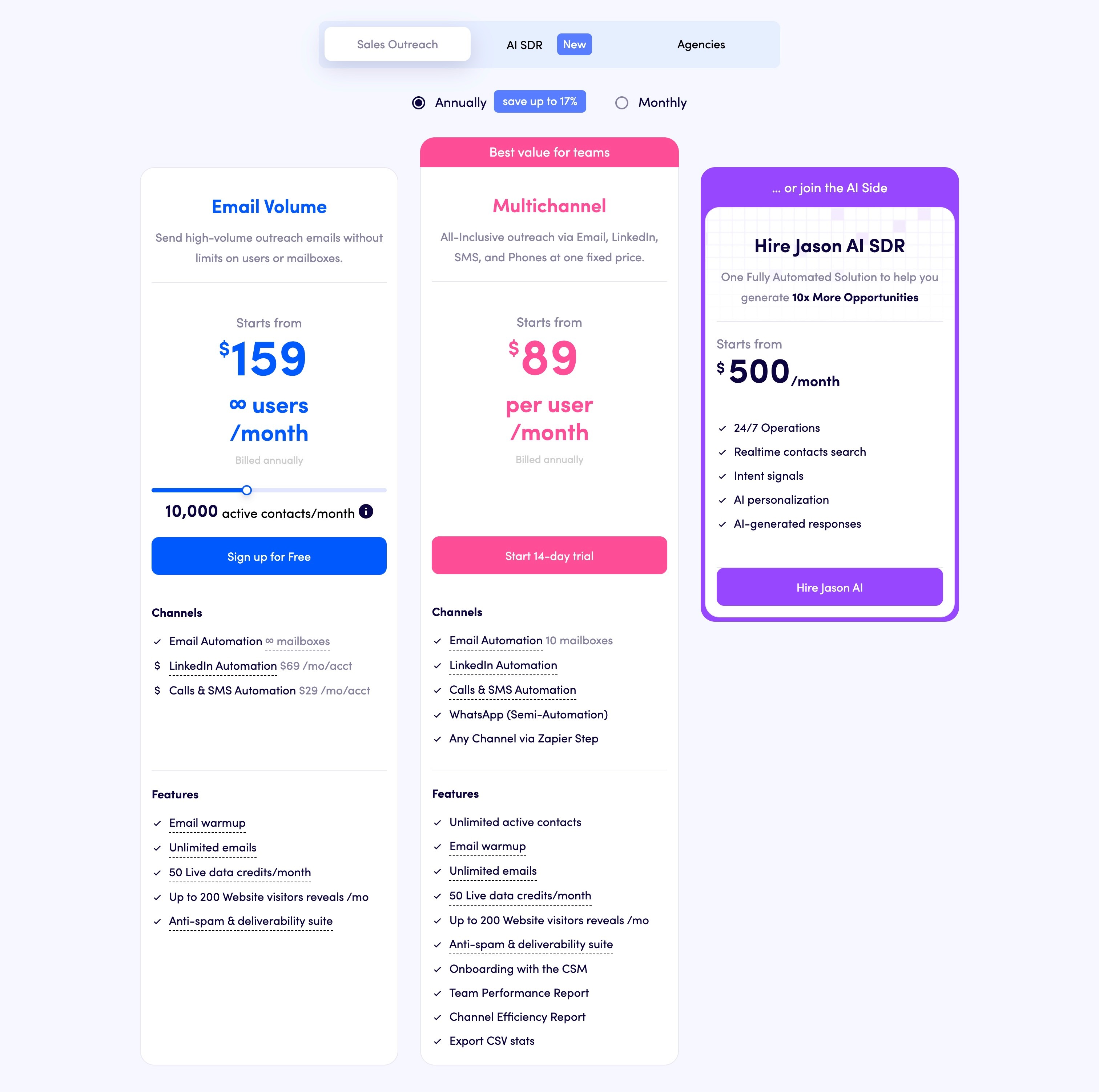 Reply.io's two outreach plans in 2026, one scaling with contact volume and one flat with unlimited contacts.