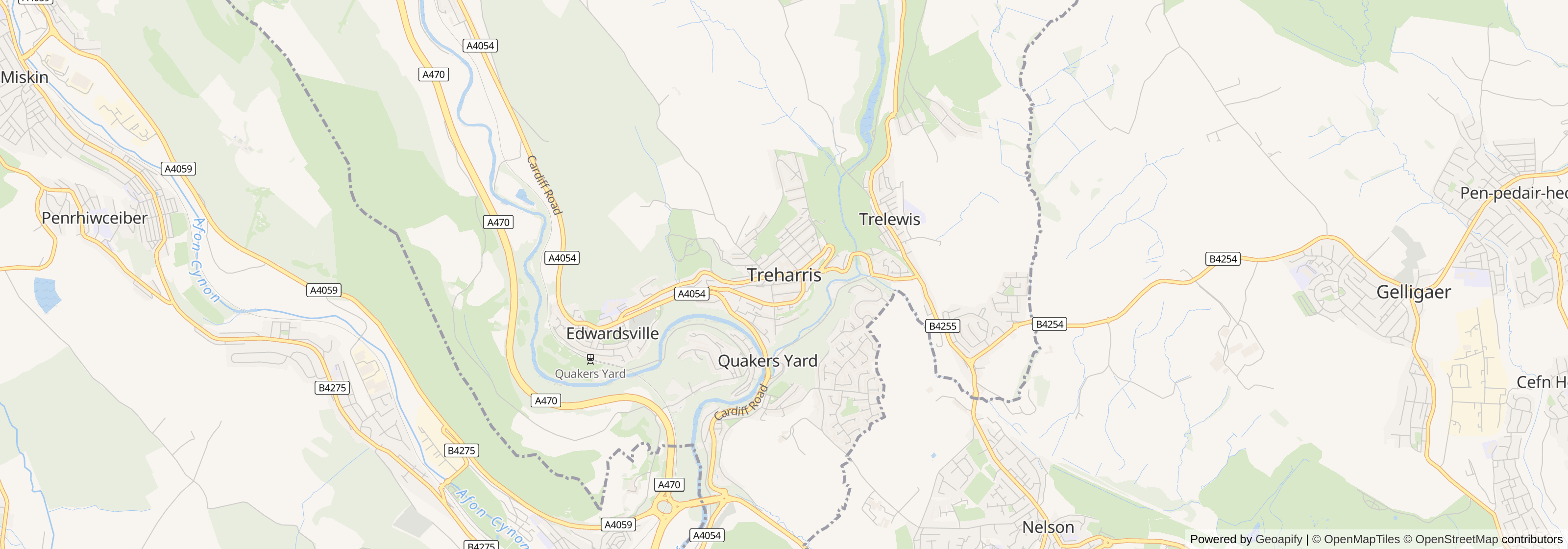 Street map of Treharris, Merthyr Tydfil showing main roads and nearby areas