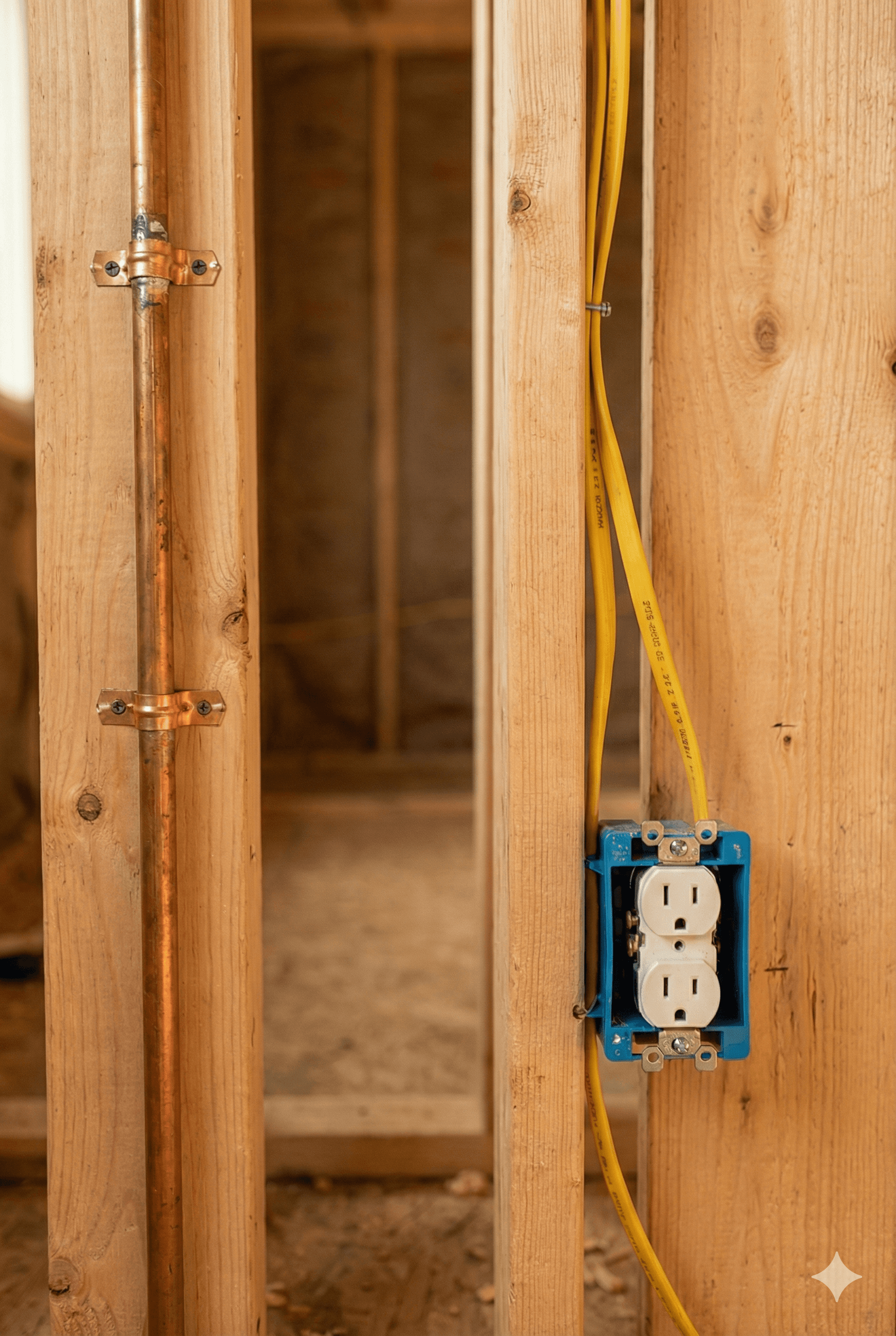 Professional MEP rough-in during new residential construction in Los Angeles. This vertical close-up shows high-quality copper plumbing and electrical wiring with a new outlet box installed within the wall framing. Our team ensures every pipe and wire meets strict California building codes for safety and durability