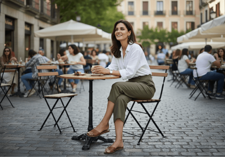 AI model sitting at an outdoor cafe, demonstrating realistic AI image generation for lifestyle branding.