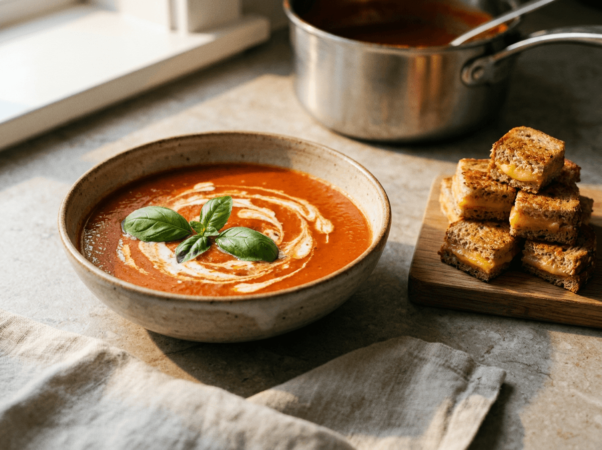 Creamy tomato soup with grilled cheese croutons healthy dinner idea