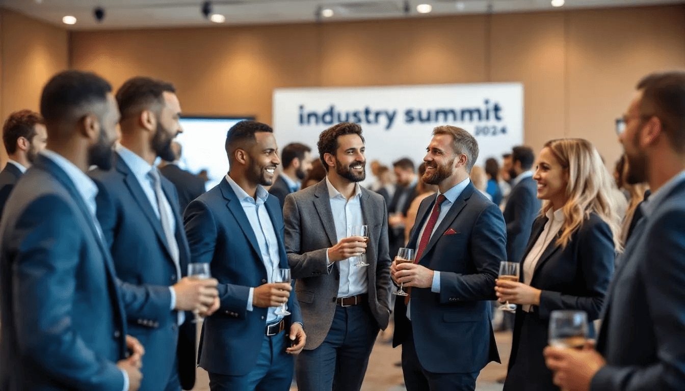 A diverse group of professionals is engaged in networking at a business event, sharing ideas and experiences that contribute to their personal growth and development. The atmosphere is vibrant, showcasing different perspectives and fostering connections that can enhance their personal brands and overall well-being.