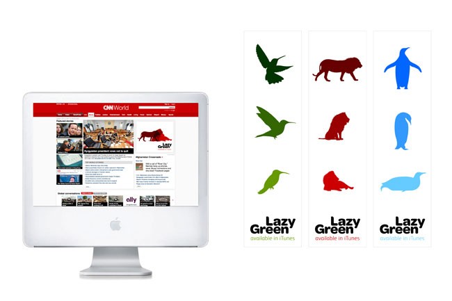 A white Apple iMac computer displays a CNN World webpage on its screen. To the right of the computer are four vertical panels, each showing a stylized animal silhouette: a bird, a lion, a penguin, and a seal. The text below each panel reads “Lazy Green” and “available in iTunes,” respectively.