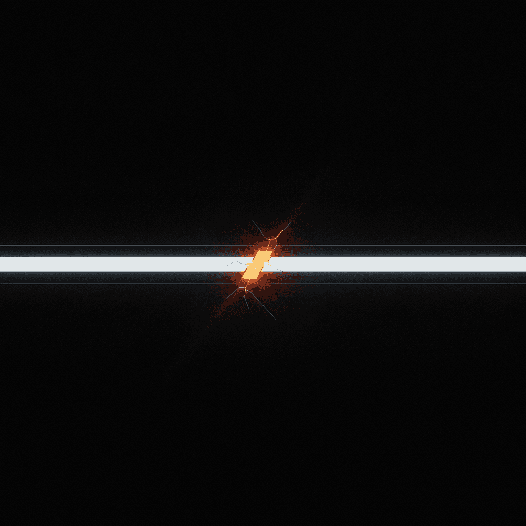 A single thin beam of light cut sharply in half against deep black void
