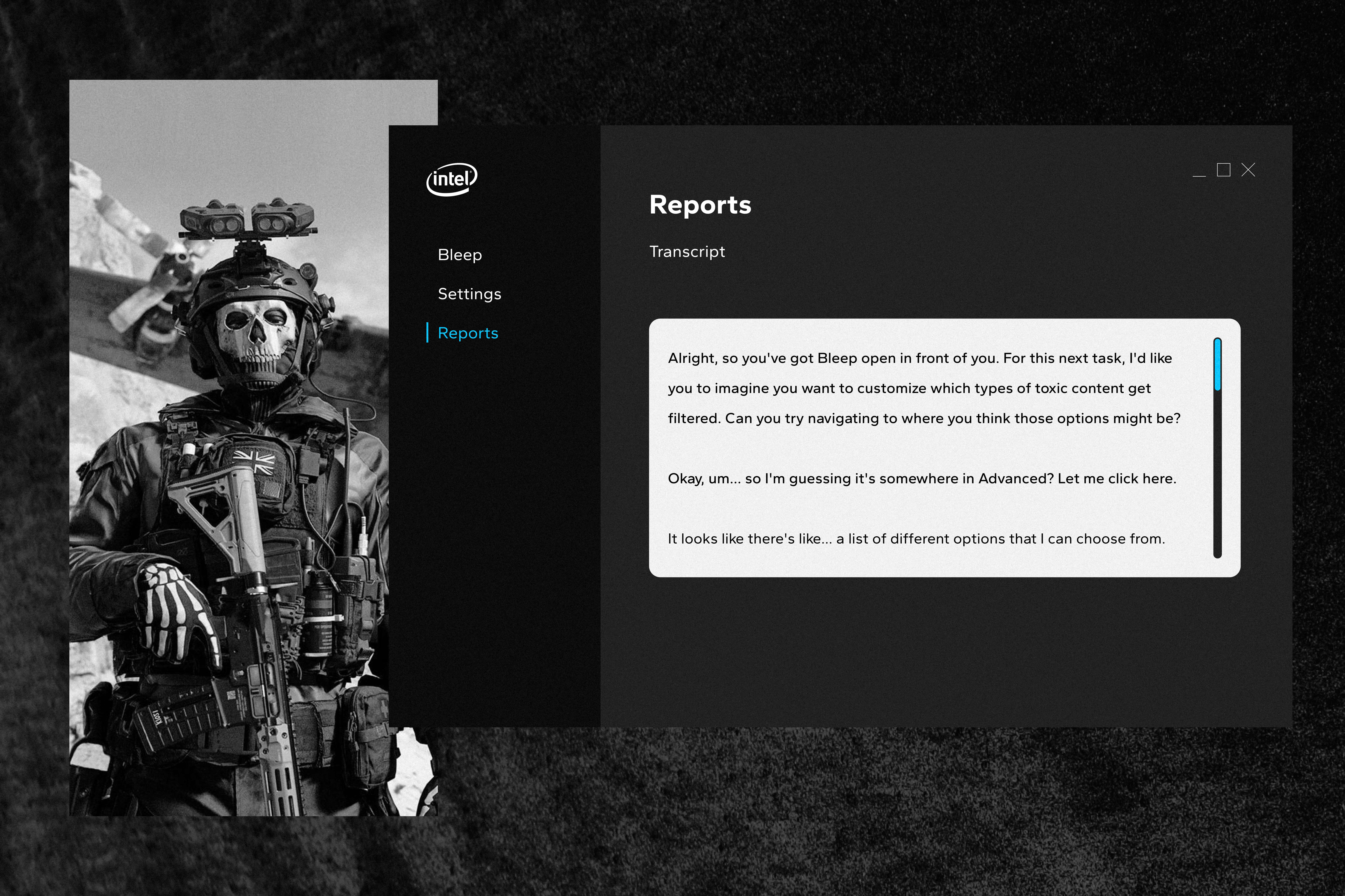 Reports screen with a mockup of a transcript from a conversation