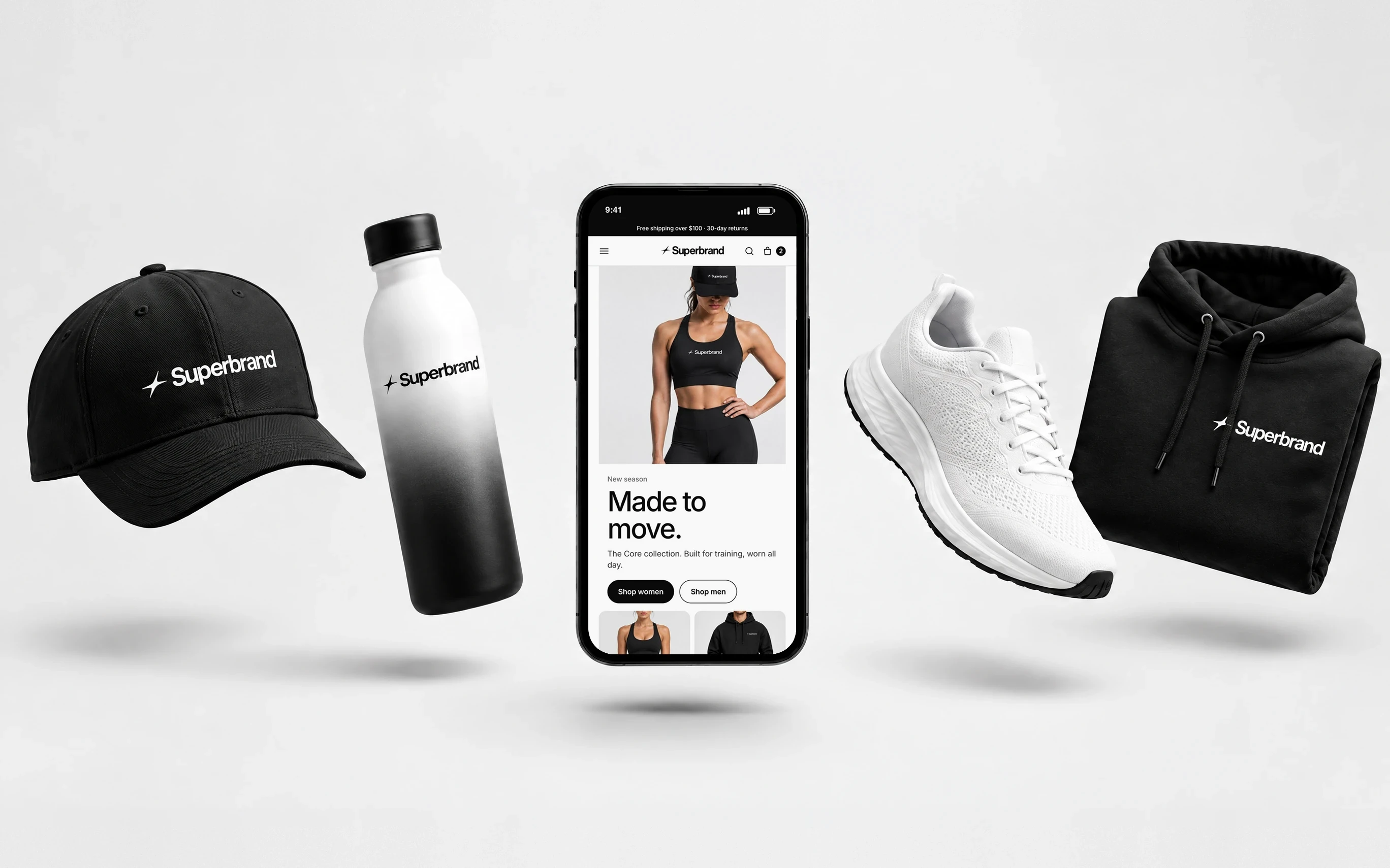 A Superbrand cap, bottle and hoodie floating beside a phone showing the store’s “Made to move.” page and white trainers.