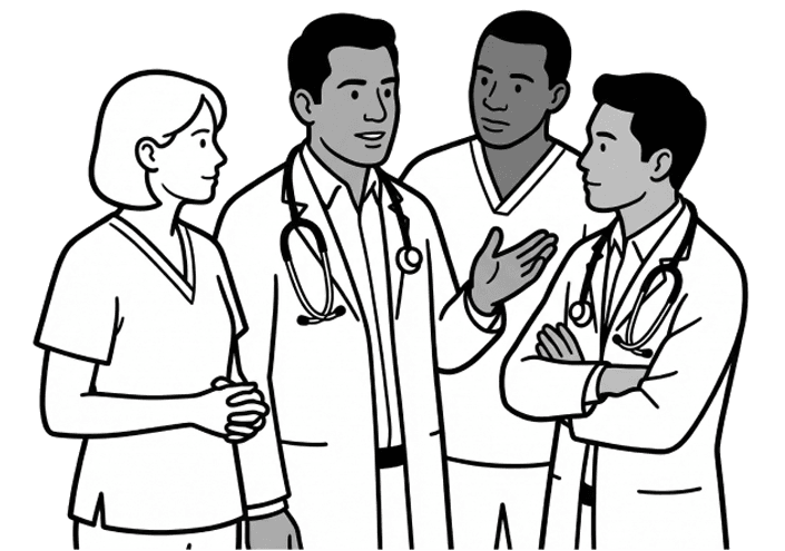 Illustration: four doctors standing and talking