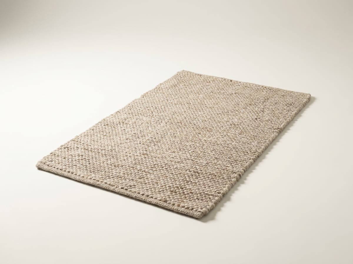 Kleiner Wollteppich in Naturbeige mit grober Struktur vor hellem Hintergrund
