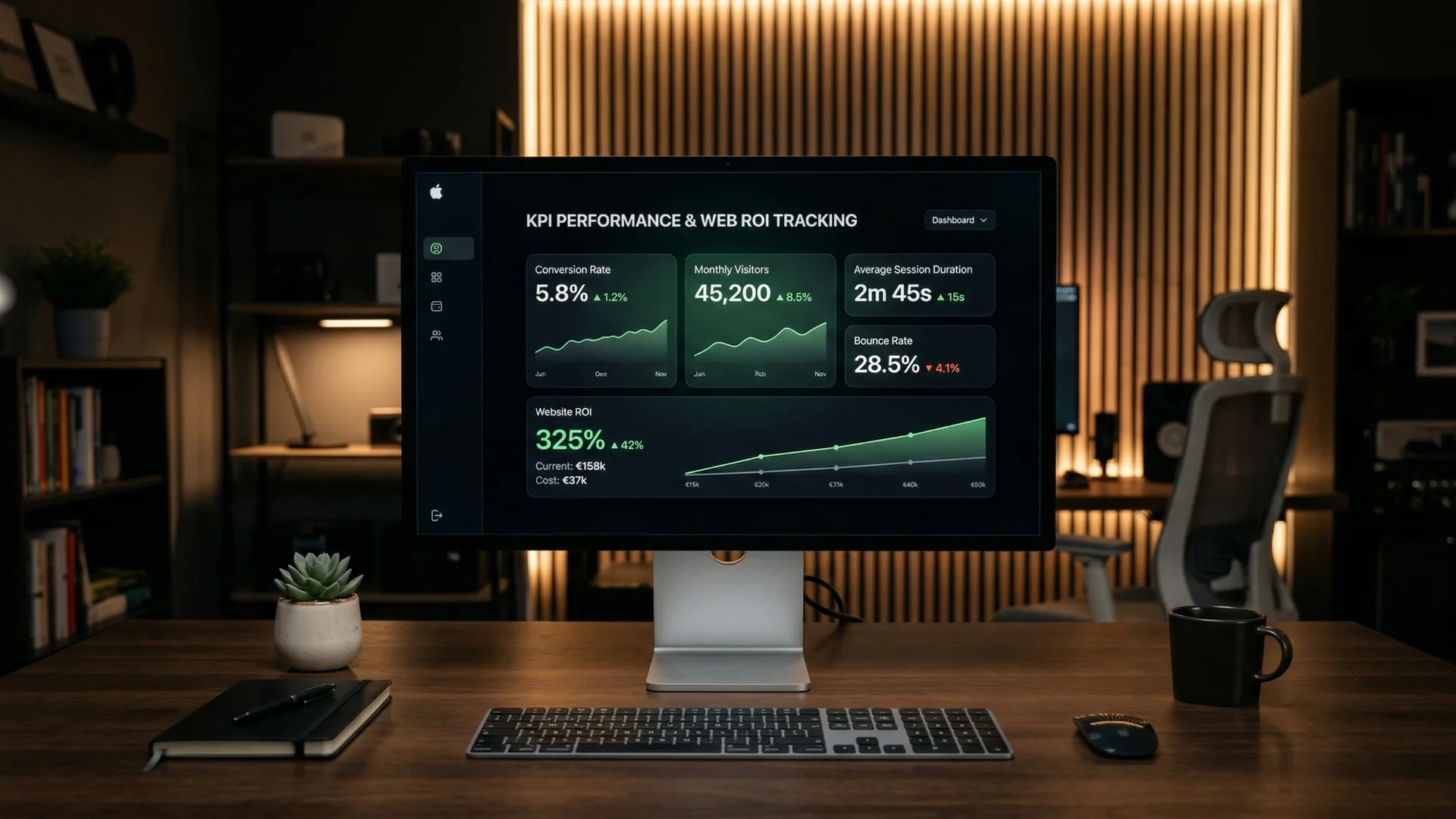 Tableau de bord de suivi des indicateurs de performance et du calcul du ROI.