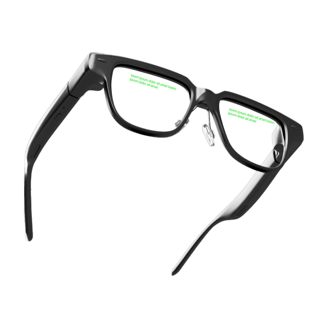 Side view of Halo X AI glasses with different floating green text of messages. 