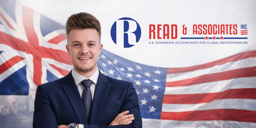 A smiling man in a suit stands confidently, arms crossed. Behind him, overlapping British and American flags, and the logo "Read & Associates Inc."