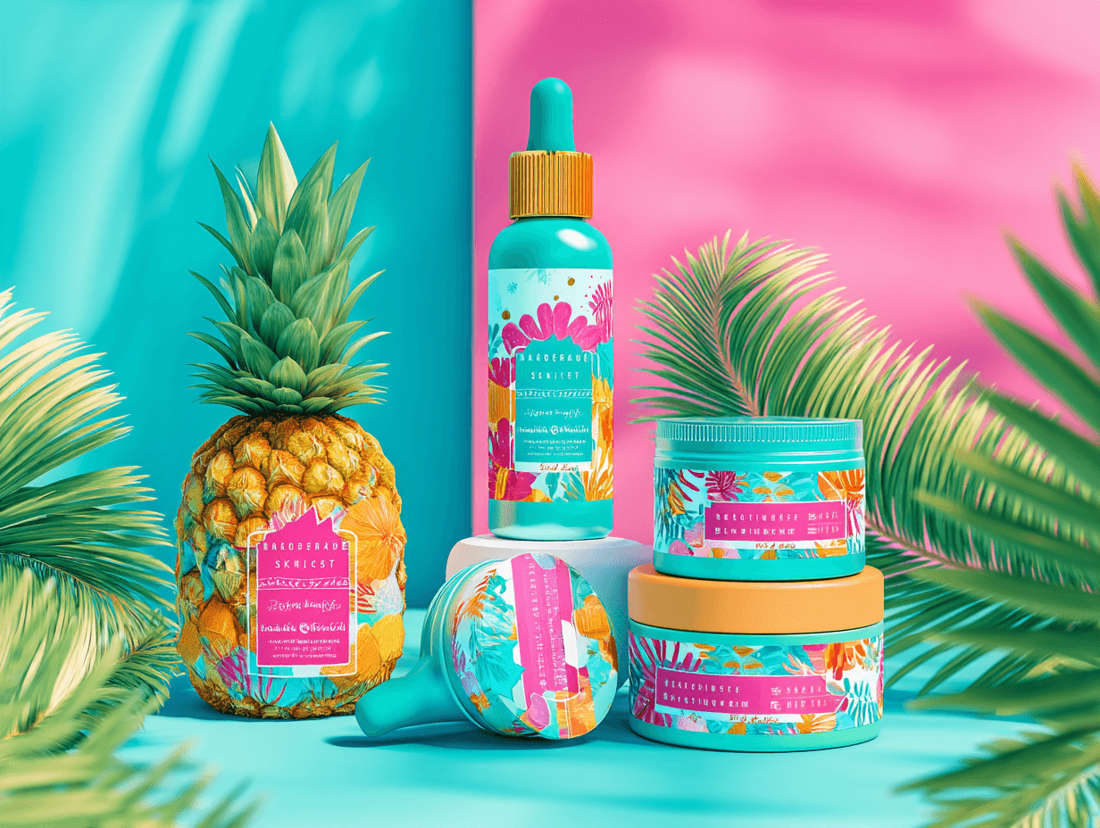 Tropical-themed beauty products display with vibrant colors, featuring a pineapple and decorative containers.
