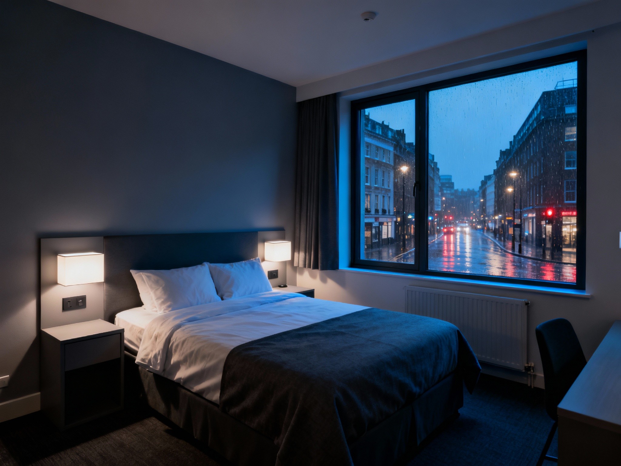 An editorial-style photograph of a compact, modern low-cost hotel room in London during a rainy