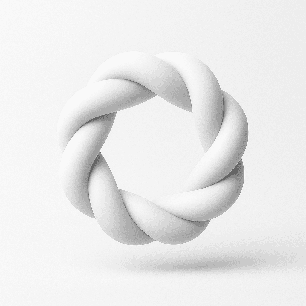 Minimalistic braided loop ring in soft white tones, rounded edges and subtle shadows on a clean background.