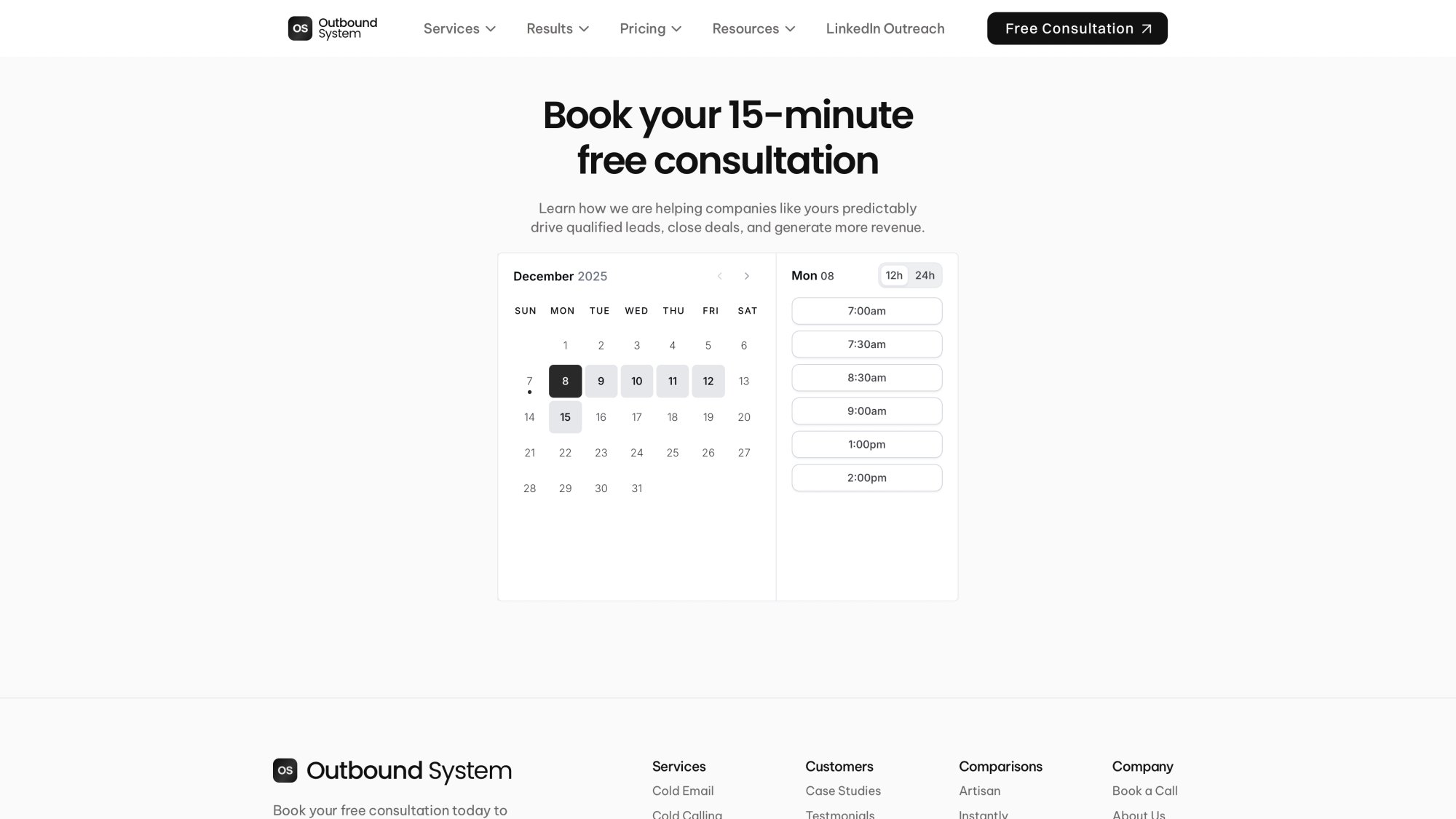 Outbound System booking page with calendar interface for scheduling free 15-minute consultation