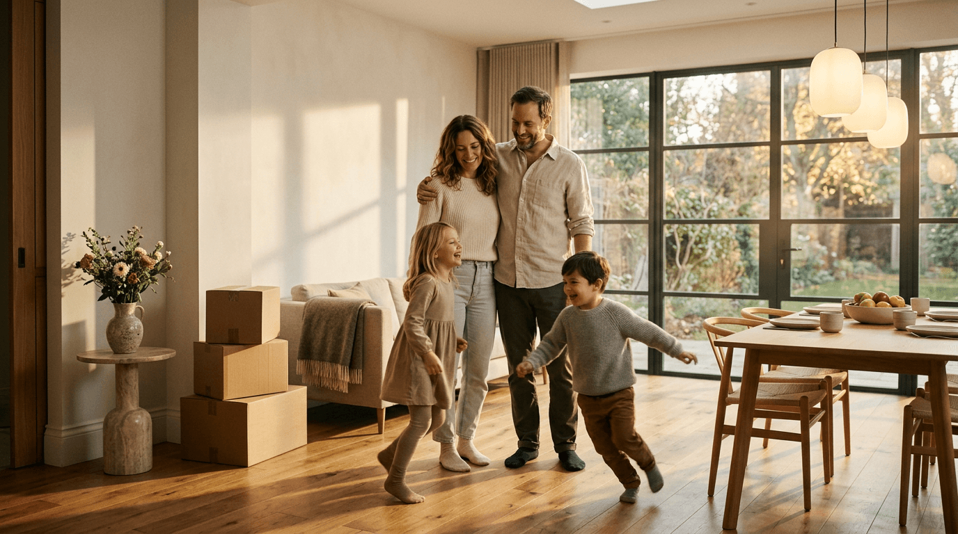 A family of four enjoying their newly completed home in warm afternoon light.