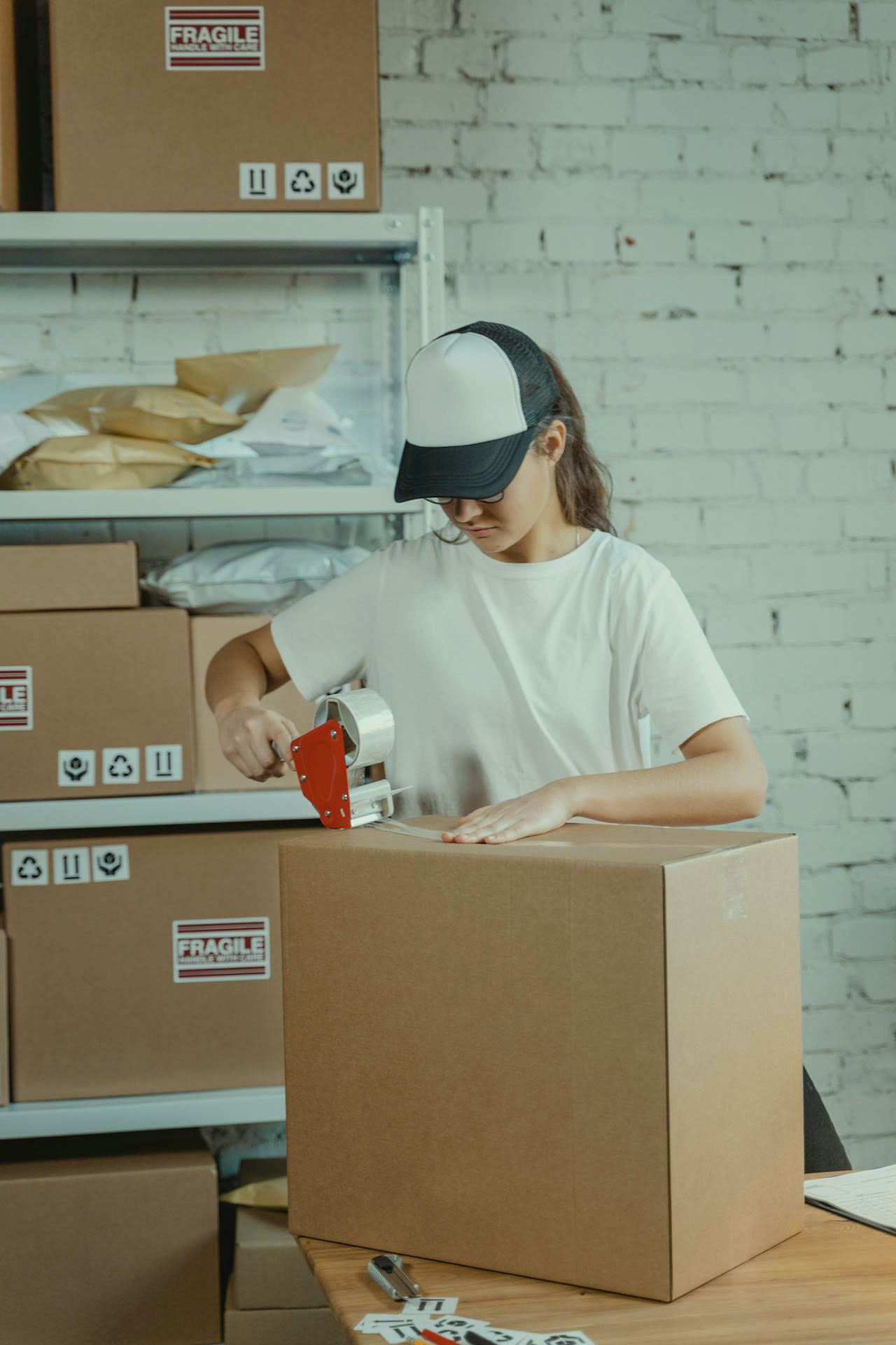 Young woman packing a box with care.