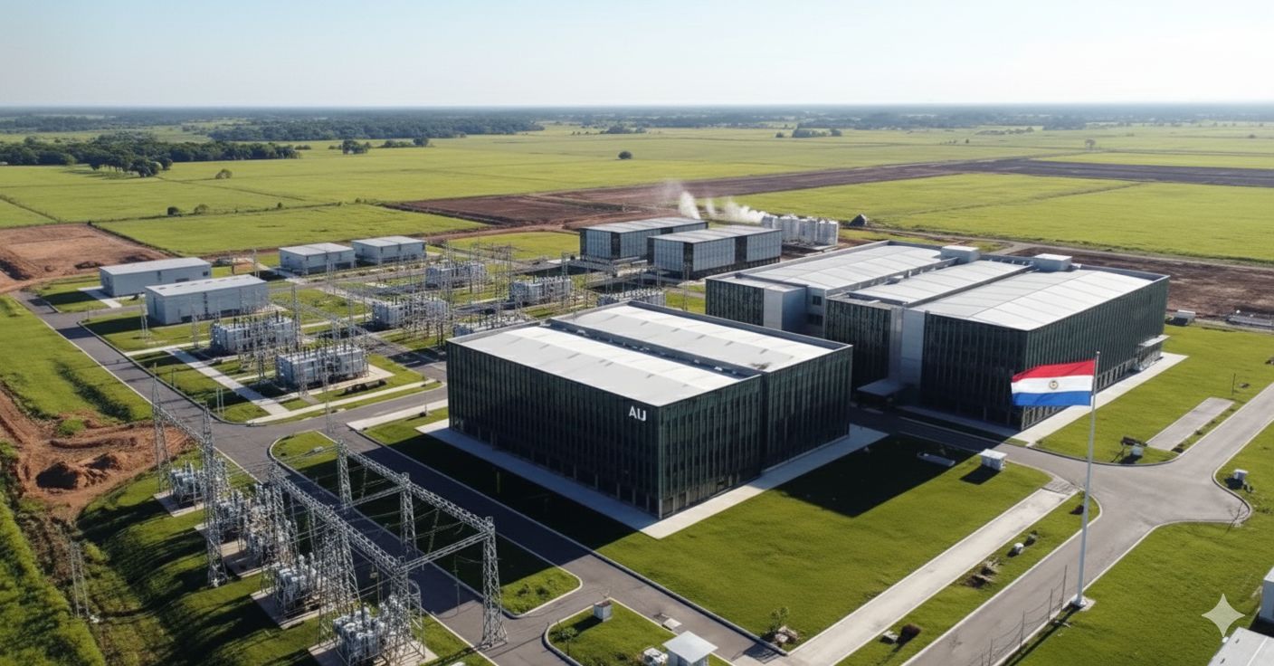 Aerial view of a large modern building complex surrounded by green fields. Clear blue sky visible above.