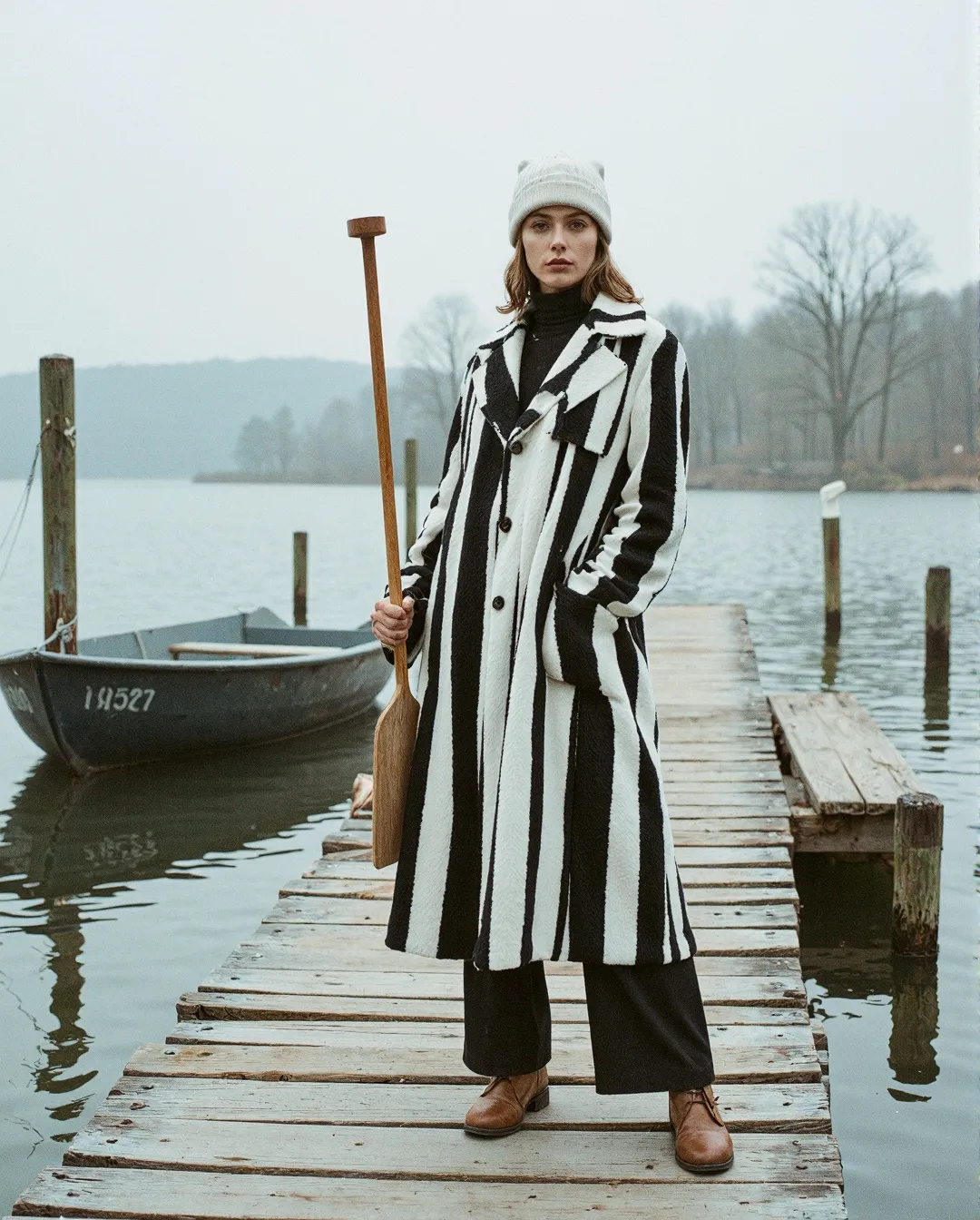 Person in striking black and white striped coat standing on wooden dock by misty lake, holding wooden oar, wearing white beanie