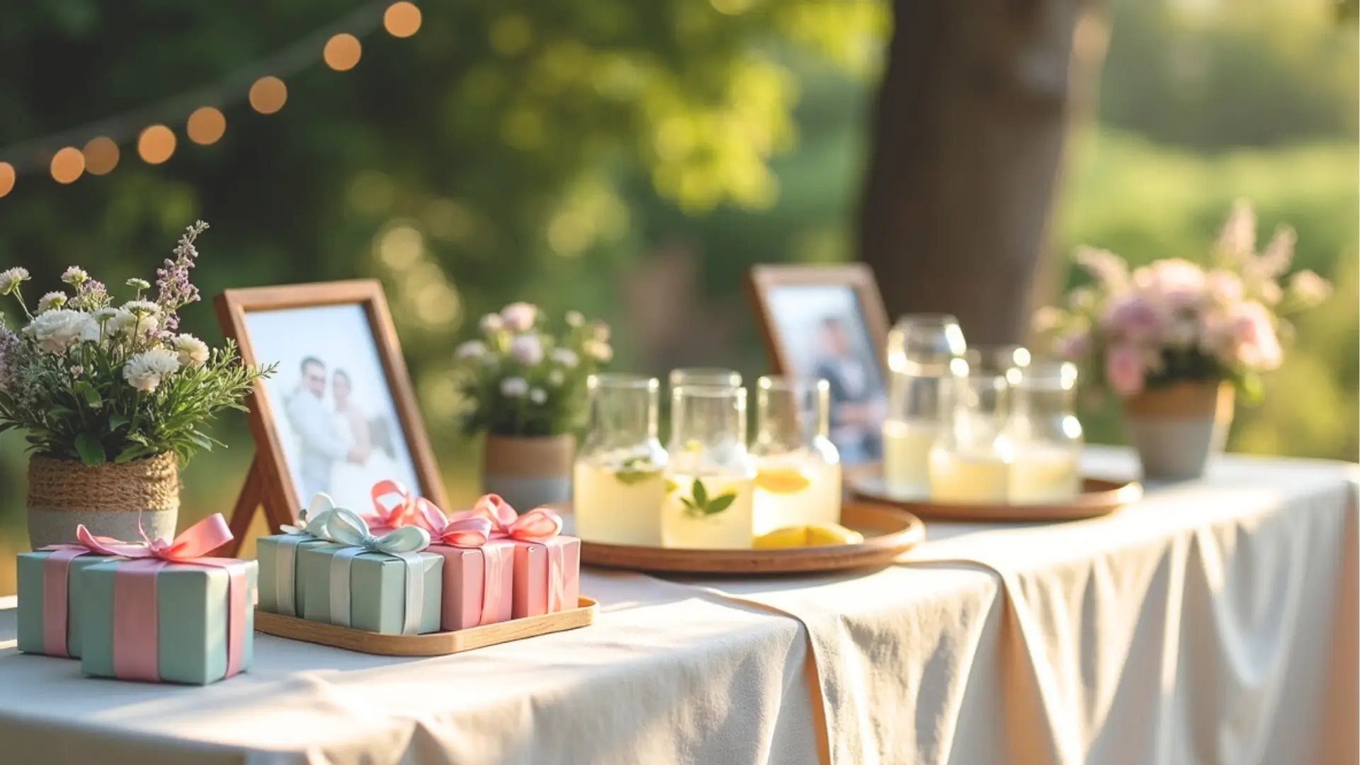 Outdoor wedding reception table with wrapped gifts, framed photos, lemonade jars, and floral decorations creating a welcoming guest experience.