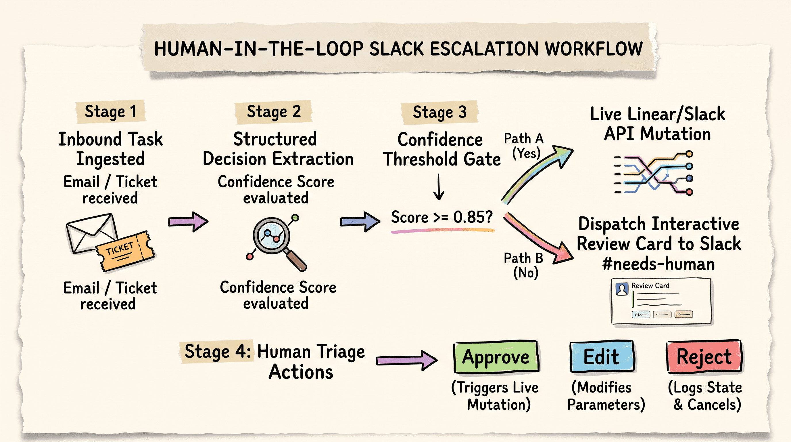 Scrapbook flowchart detailing the human in the loop Slack escalation and triage review protocol