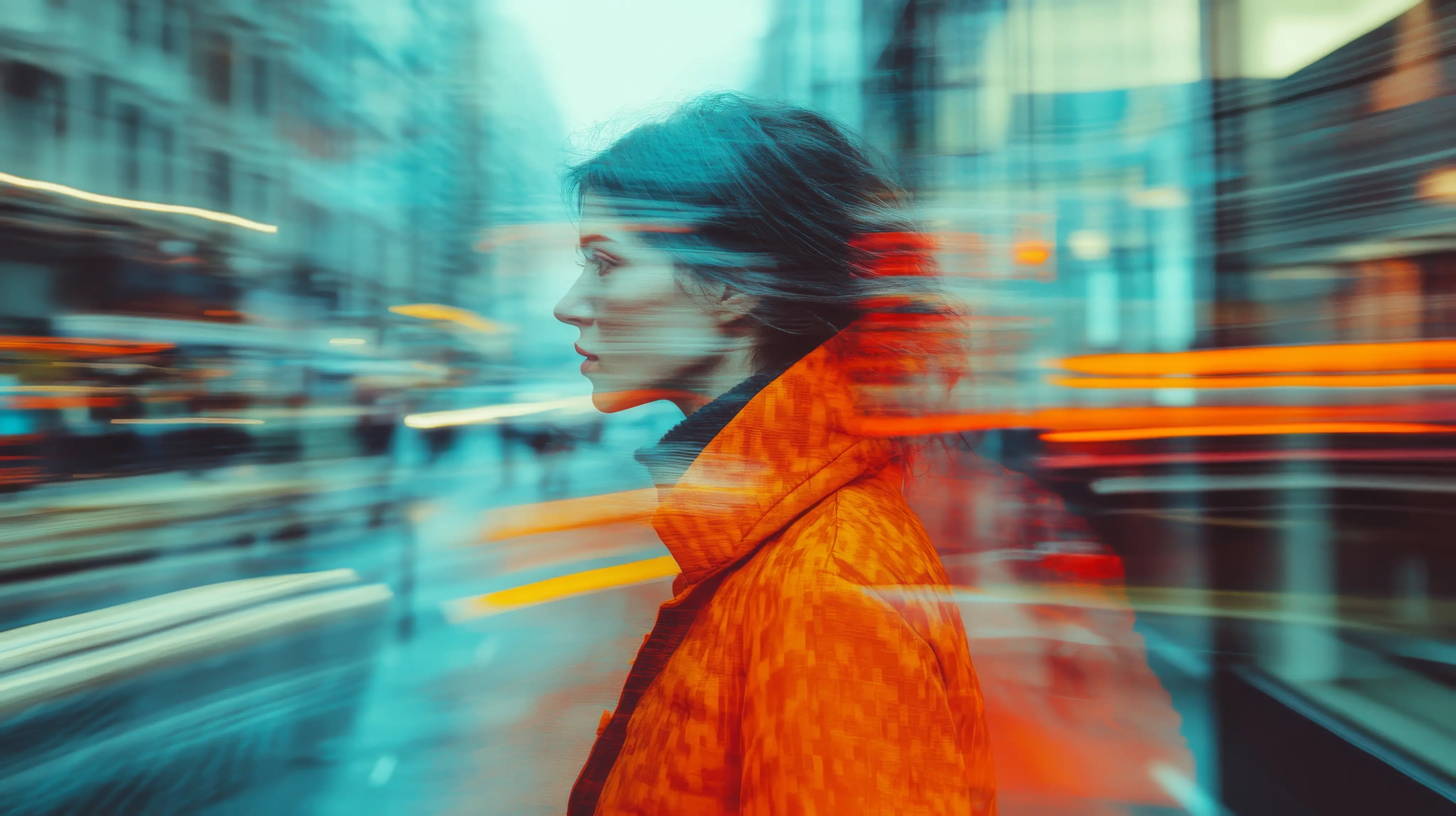 Person in an orange coat walking through a busy city with motion blur.