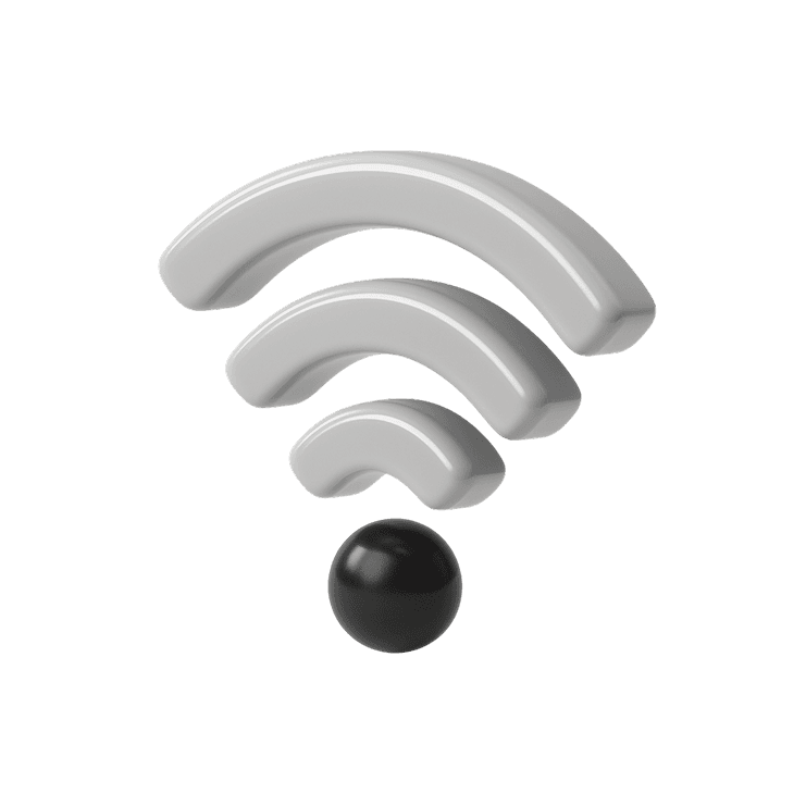 3D wifi signal icon with concentric arcs radiating from a black sphere, indicating wireless connectivity.