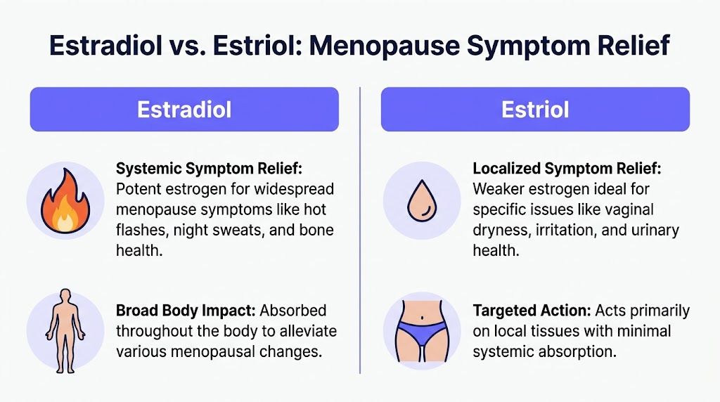 A comparison chart explaining the differences between estradiol for systemic symptoms and estriol for localized relief.