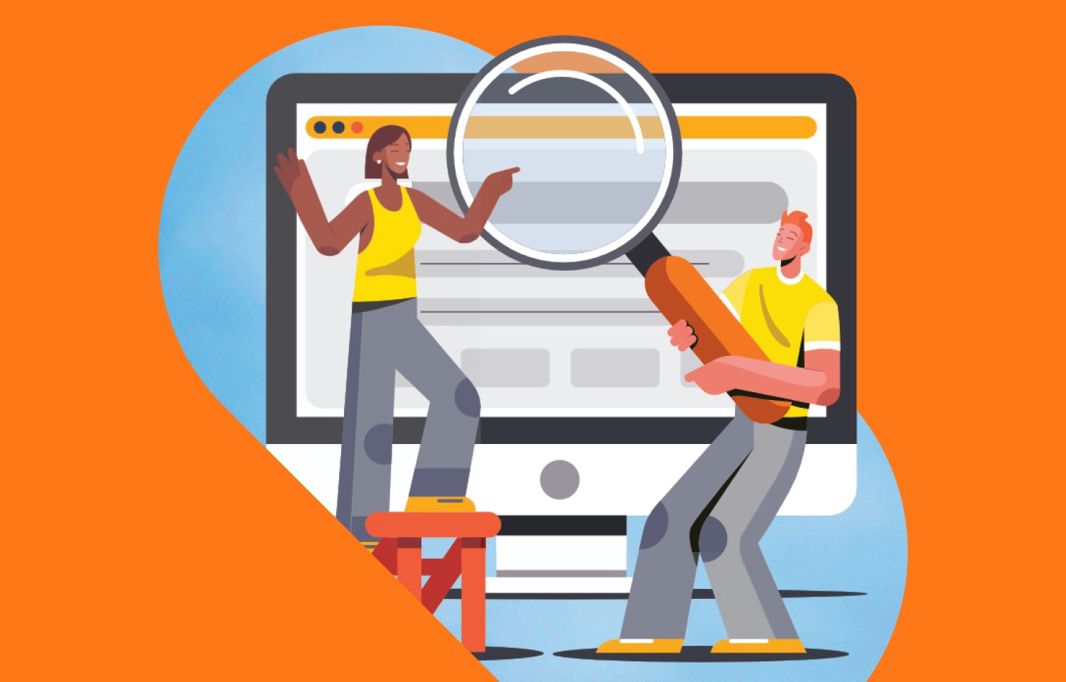 Illustration of people holding a magnifying glass against the Amazon website