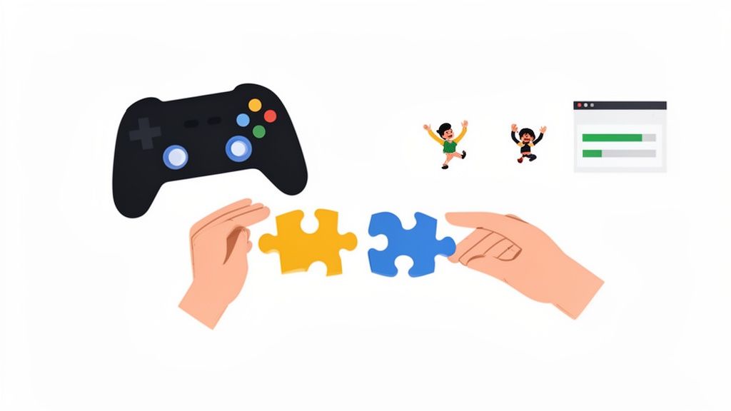 An illustration of a game controller, hands joining puzzle pieces, excited people, and a progress bar, symbolizing virtual team building.