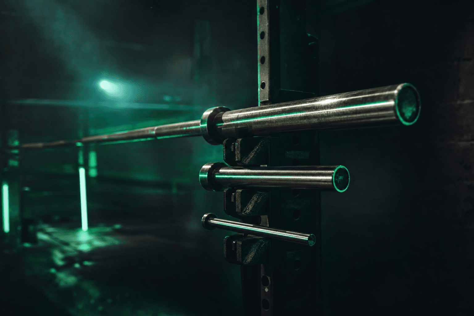 Three different barbells resting on a rack in a dark gym, showing varied sizes and thicknesses for comparison, lit with a green accent