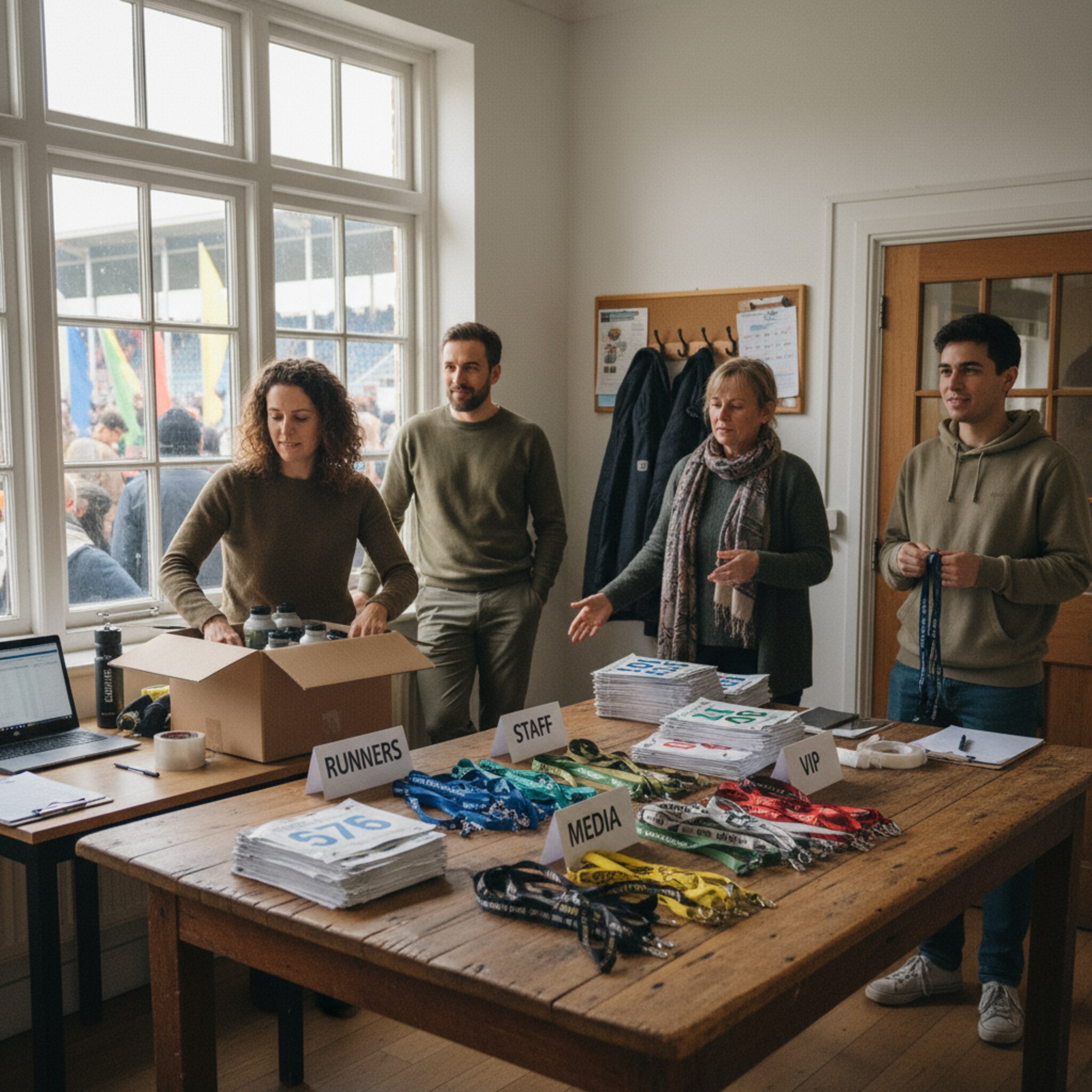 Im Vereinsheim sortiert ein Organisations-Team Startnummern, VIP-Bänder und Lanyards in saubere Stapel. Auf einem Tisch liegen farbige Kategorien-Schilder, während eine Person eine Kiste mit Sponsorengeschenken schließt. Draußen hört man gedämpft Fangesänge und die Vorfreude steigt spürbar.