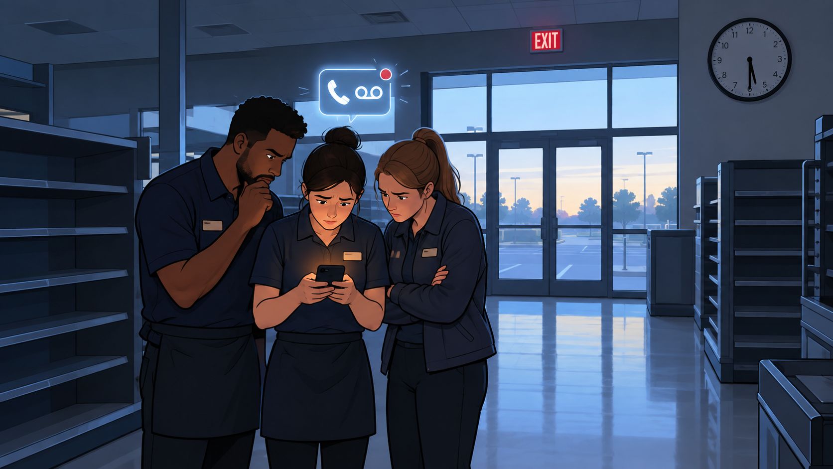 Three retail employees look concerned while gathered around a smartphone displaying a glowing voicemail notification icon.