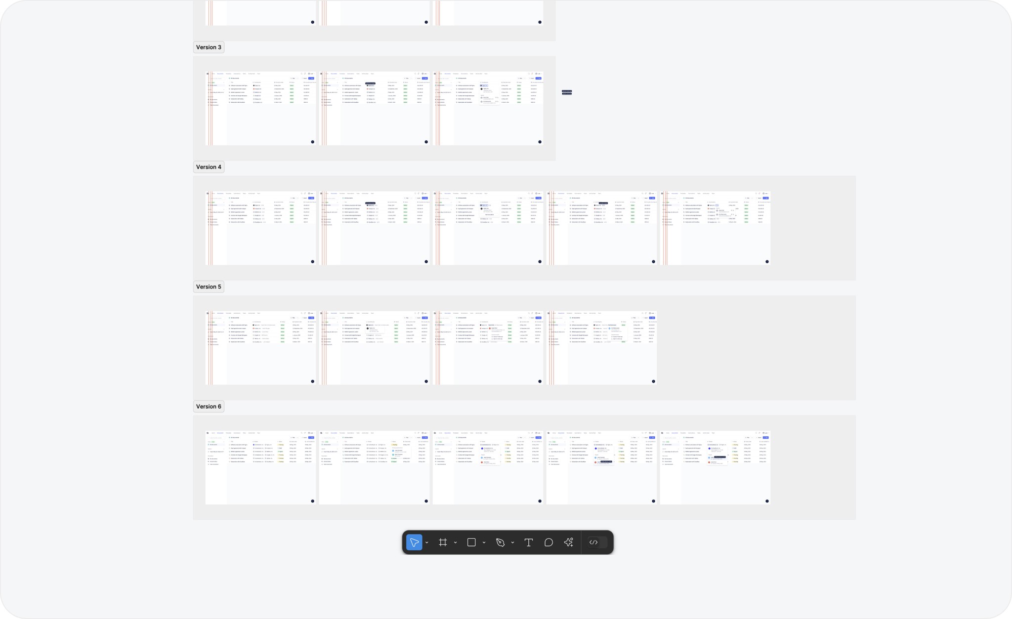 Figma screen showing multiple design versions side by side.