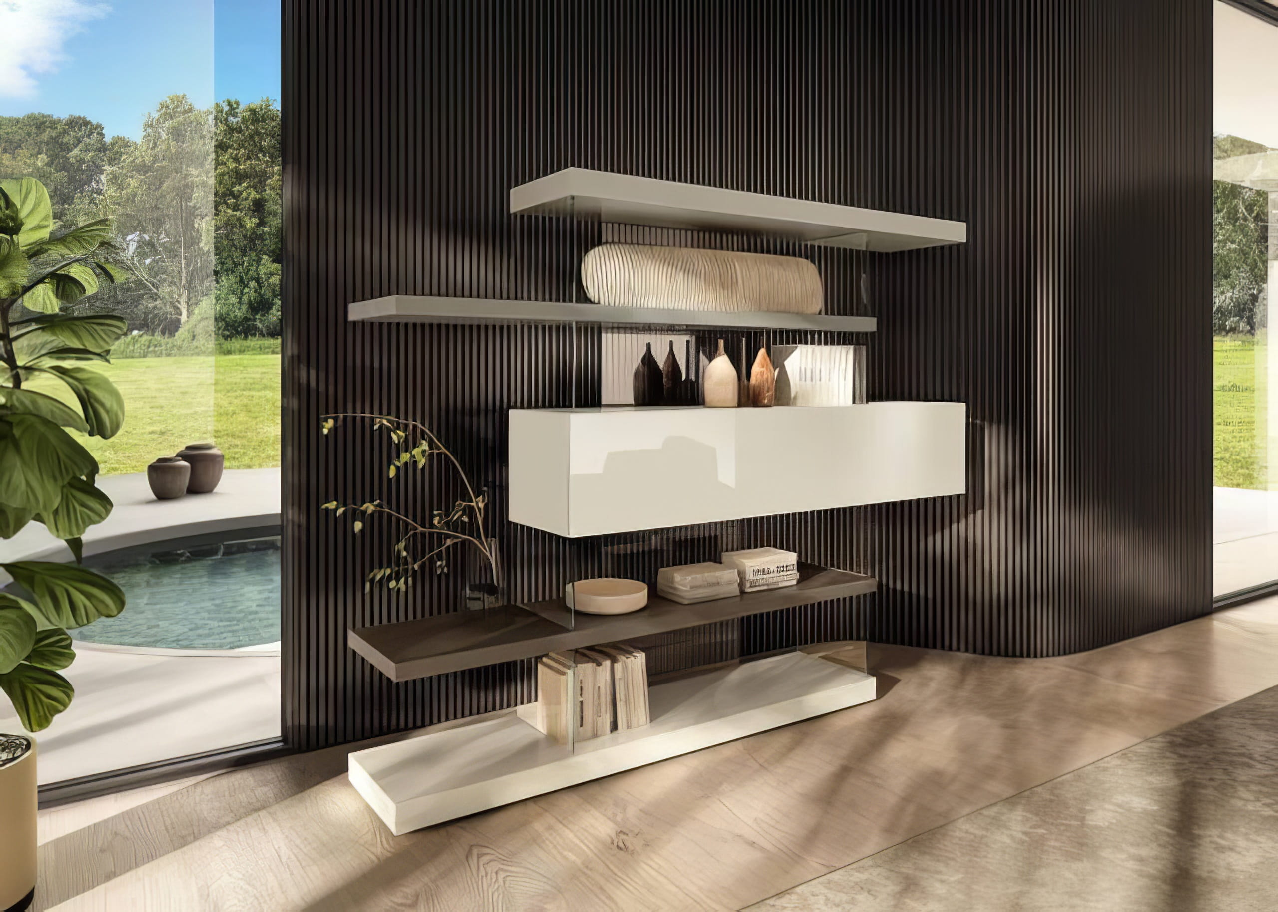 MW Interior Wohneinrichtung – modernes schwebendes Wandregal mit offenem Design und klarer Formensprache