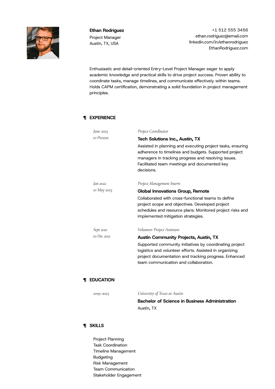 ntry-level project manager resume example