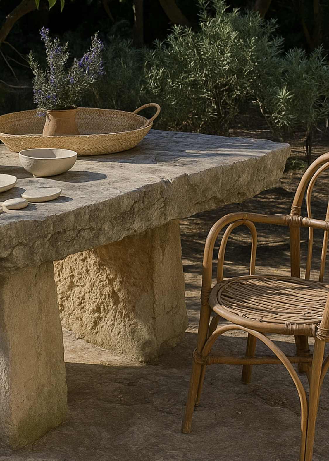 Casa D’Oro Mediterranean exterior styling with natural stone table, woven chairs, and warm rustic ambiance.