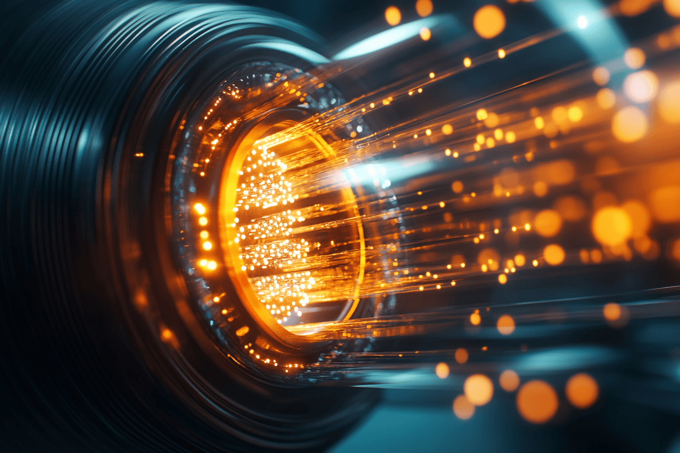 Detailed cross-section of a fiber optic cable with light beams traveling through core, cladding visible, ultra-realistic rendering