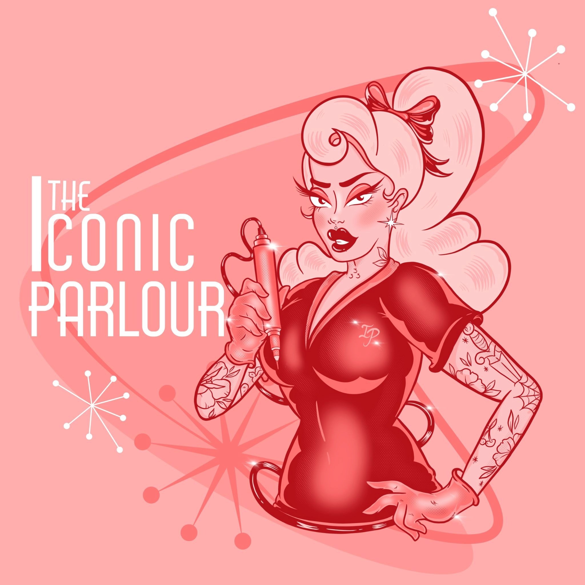 Illustrated retro-style tattooed woman holding a cosmetic tattoo machine beside The Iconic Parlour logo.