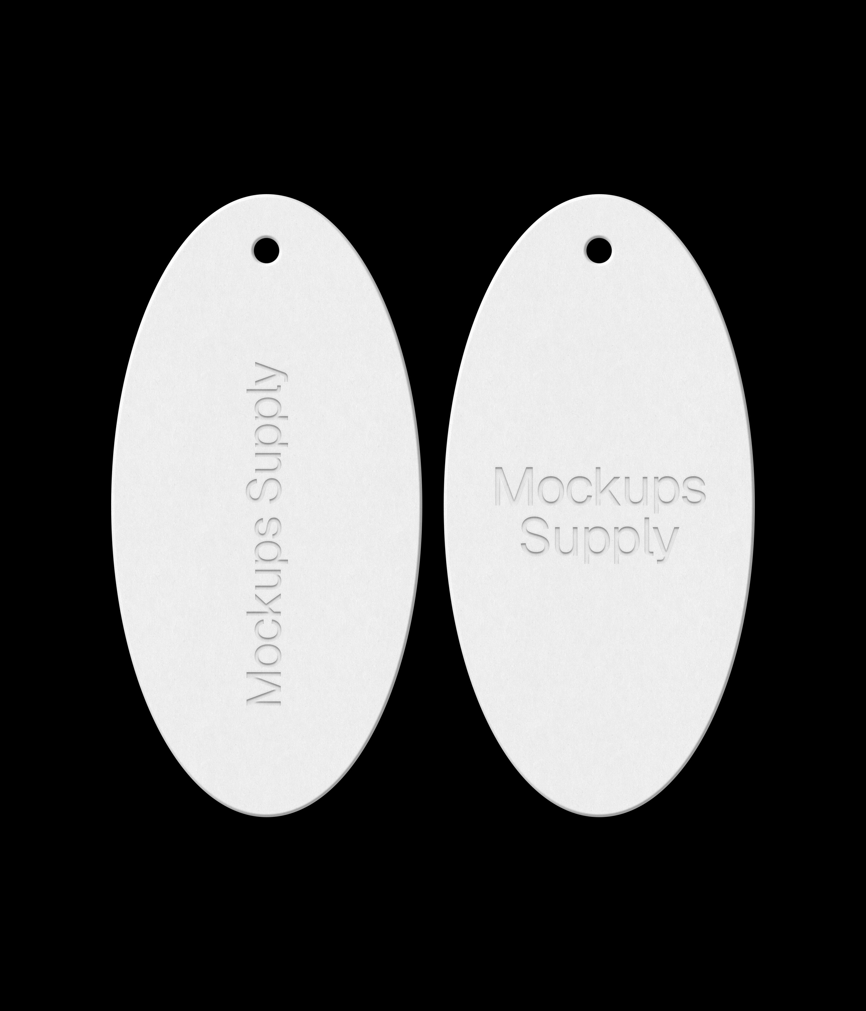White oval hang tags on black background with debossed text effect photoshop mockup PSD template set