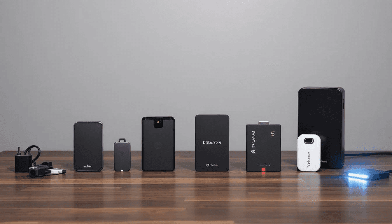 The image features various hardware cryptocurrency wallets and cold storage devices neatly arranged on a desk, showcasing secure options for storing digital currency like Bitcoin. These wallets are essential for safely managing Bitcoin transactions and protecting private keys, making them a vital part of cryptocurrency investments.