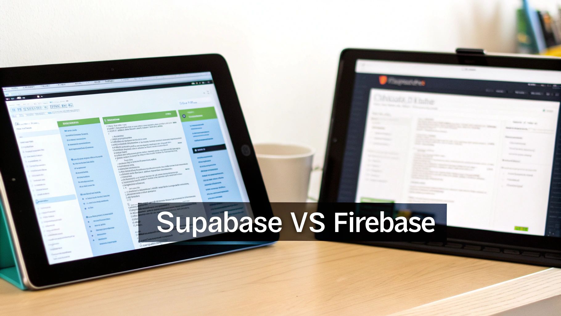 Side-by-side view of two tablets displaying a comparison of Supabase versus Firebase.