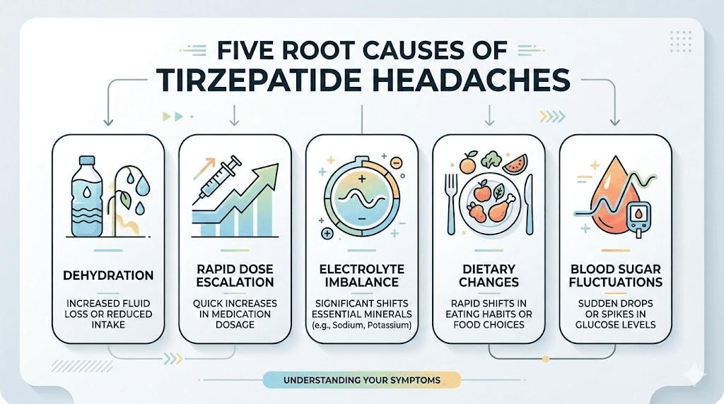 Five root causes of tirzepatide headaches infographic