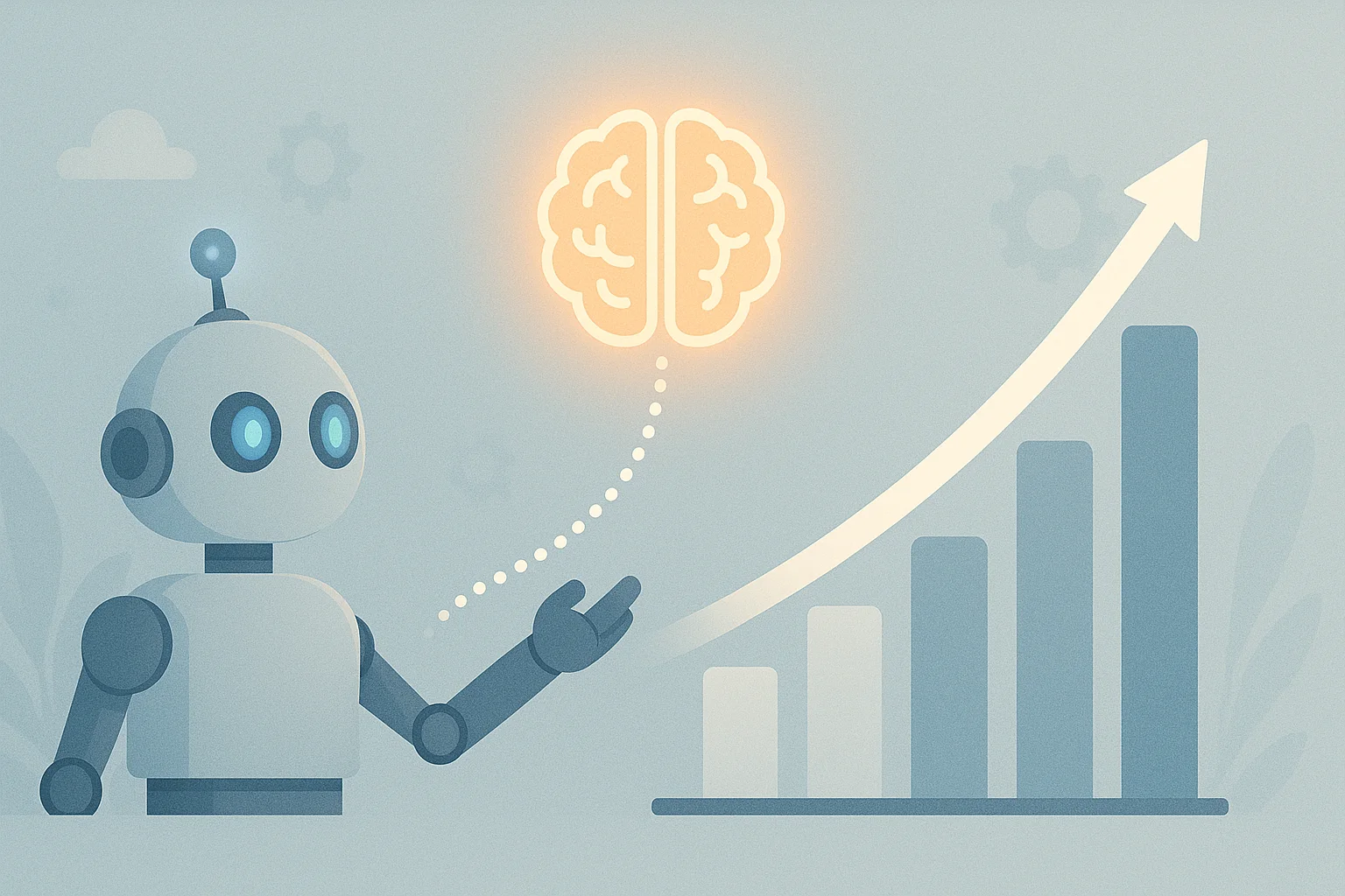 A flat-style illustration of a robot pointing toward a glowing brain icon that connects to an upward-trending bar graph, symbolizing how intelligent automation enhances productivity through innovation and smart decision-making.