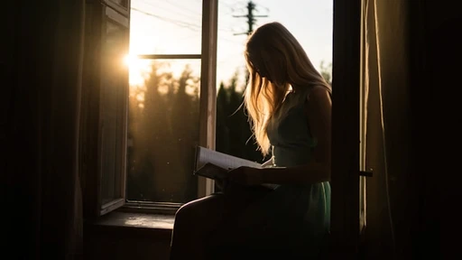 Woman reading a book by a window at sunset with warm sunlight illuminating her face.