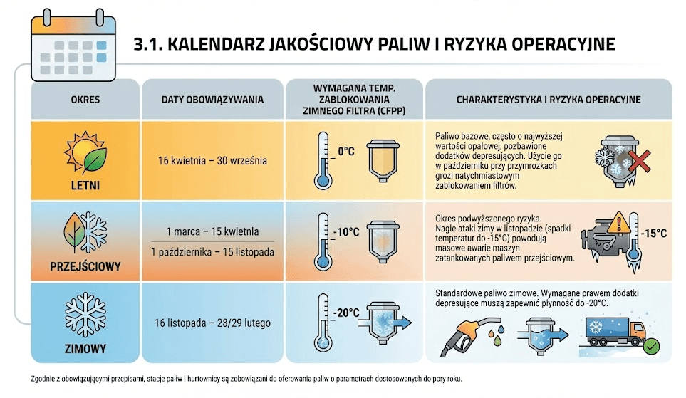 Infografika przedstawiająca kalendarz jakościowy paliw w Polsce: okres letni, przejściowy i zimowy, wymagane wartości CFPP oraz związane z nimi ryzyka operacyjne dla maszyn rolniczych podczas niskich temperatur.