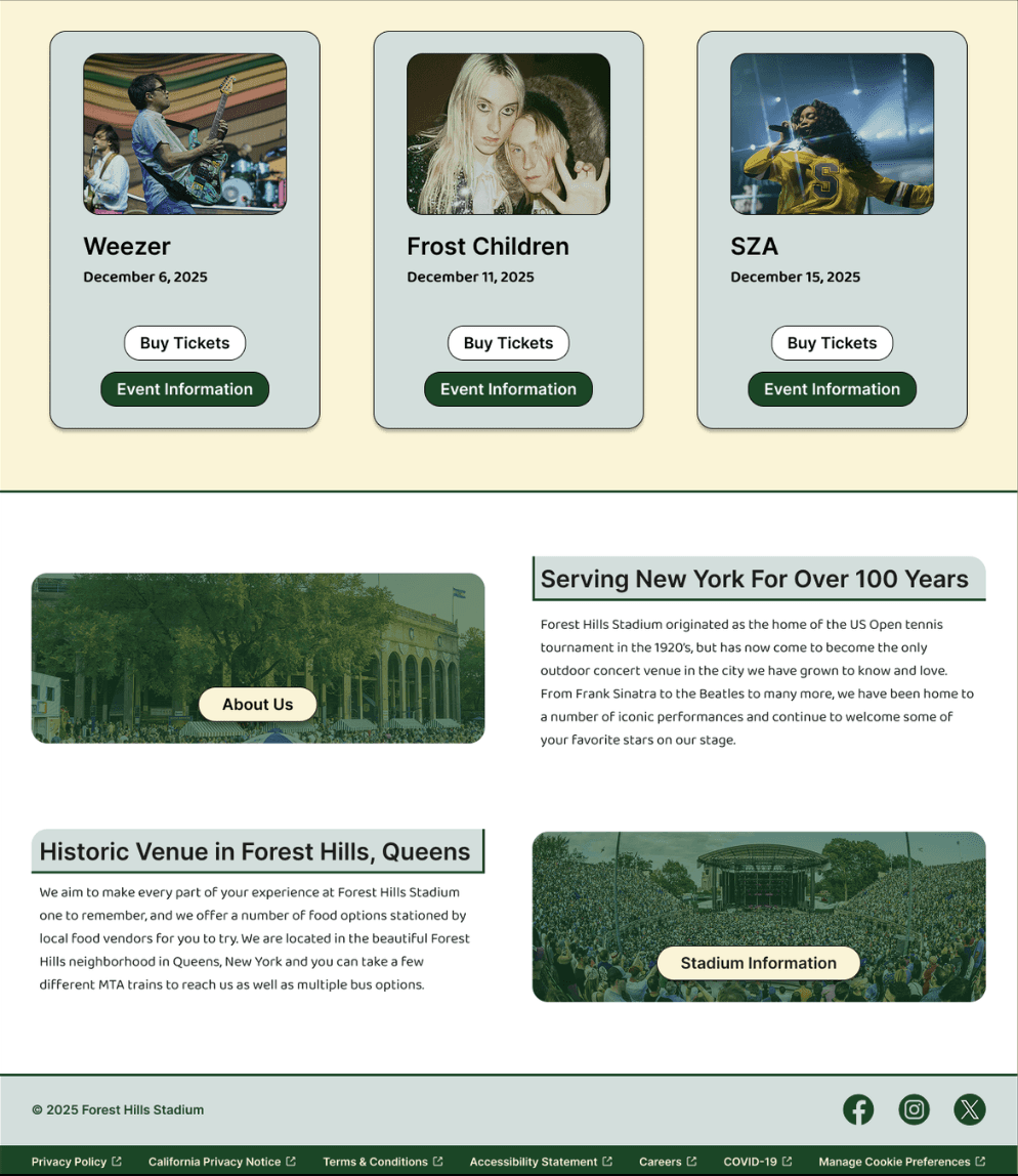 Redesigned bottom half of homepage showing event cards, 'Serving New York' section, 'Historic Venue' section, and simplified footer with social icons